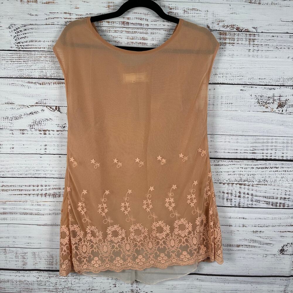 Womens A'reve Anthro Peach Floral Mesh Tank Top Sheer Cream Ruffle Back Boho M